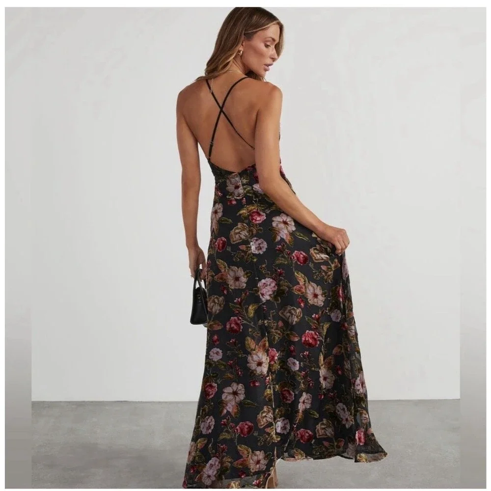 Olia Adjustable Strap Velvet Floral Burnout Whimsigoth Fairy Maxi Dress Size M - Picture 2 of 14